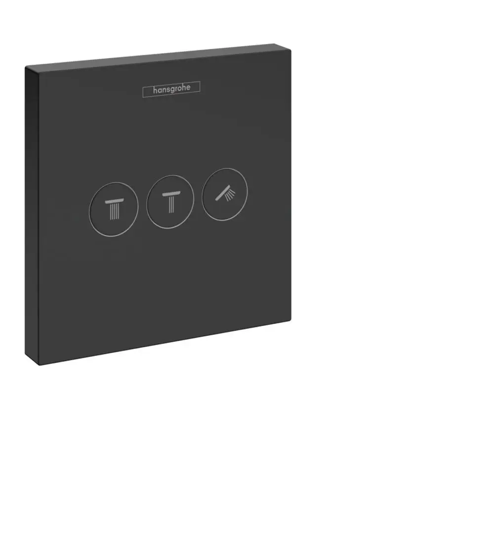 Hansgrohe Bedienfeld in mattschwarz mit drei Symbolen für Wassersteuerung. Kompakte Quadratform, geeignet für Unterputzinstallation in Duschen.